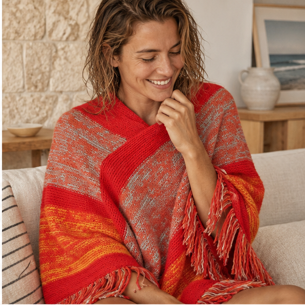 Poncho Rouge à Franges – Rouge / Adulte, dans un intérieur côtier lumineux