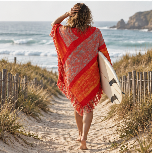 Poncho Rouge à Franges – Rouge / Adulte, porté en mouvement au bord de l’océan