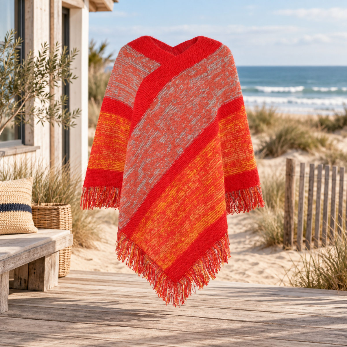Poncho Rouge à Franges – Rouge / Adulte, visuel principal lifestyle