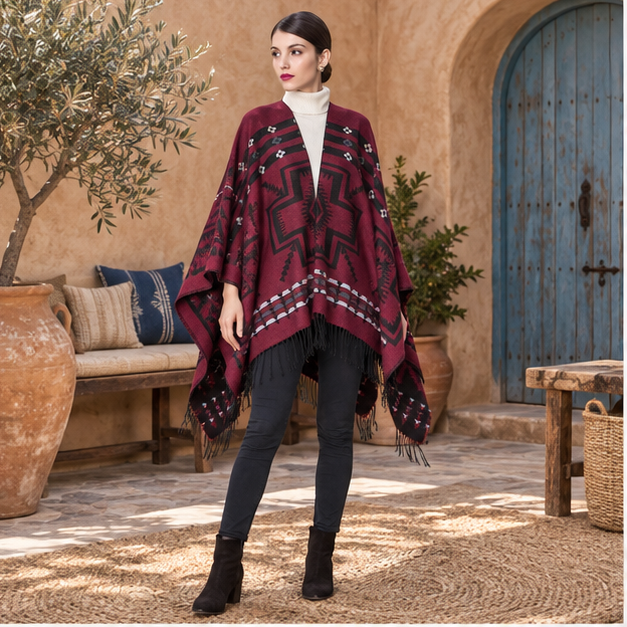 Poncho Rouge Motifs Croix Mexicaine, en situation sur la côte Atlantique