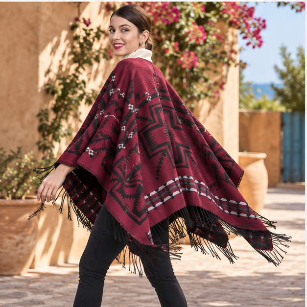 Poncho Rouge Motifs Croix Mexicaine, porté en mouvement au bord de l’océan