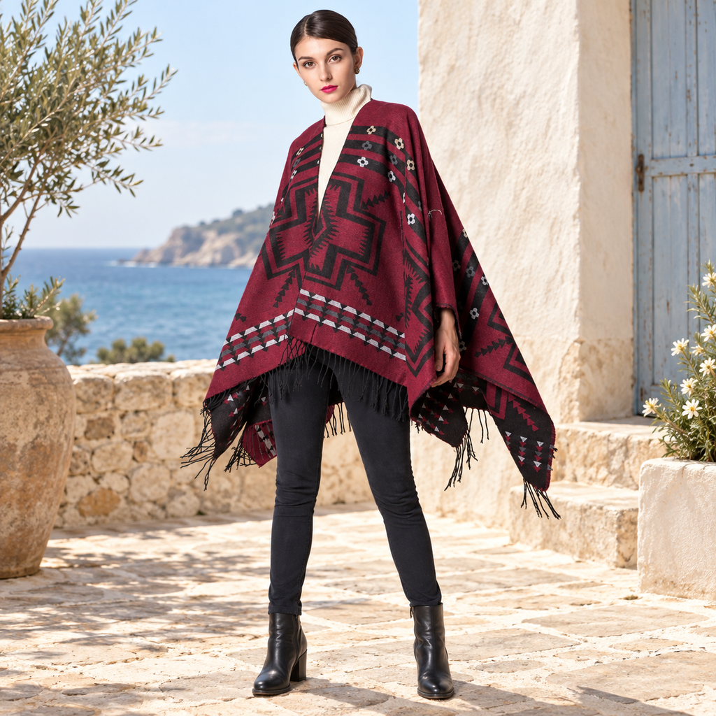 Poncho Rouge Motifs Croix Mexicaine, visuel principal lifestyle