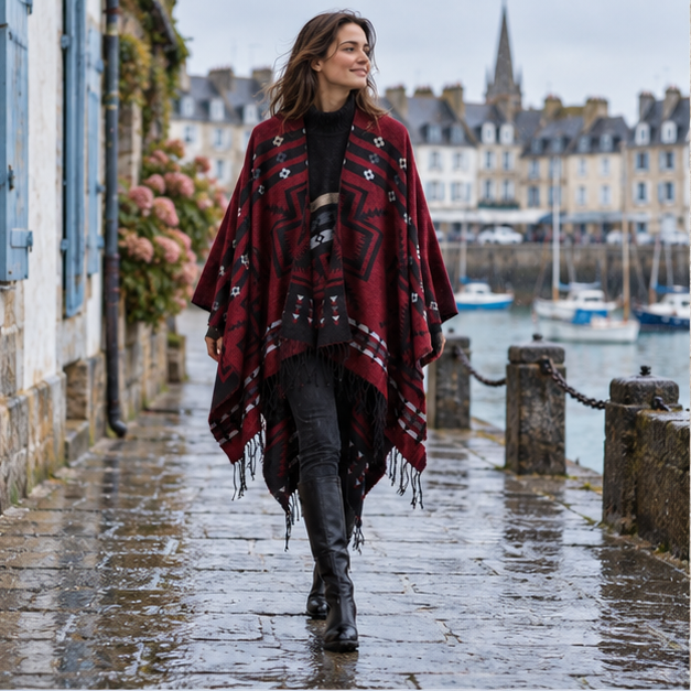 Poncho Rouge Motifs Croix Mexicaine – Bordeaux / Adulte, en situation sur la côte Atlantique