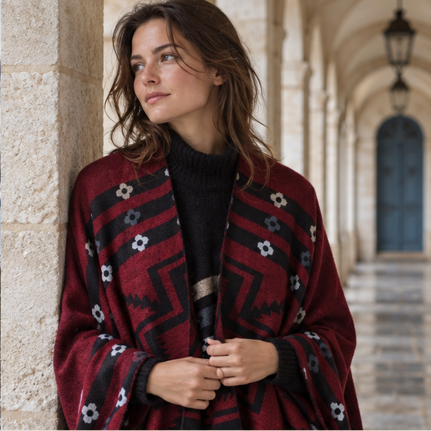 Poncho Rouge Motifs Croix Mexicaine – Bordeaux / Adulte, dans un intérieur côtier lumineux
