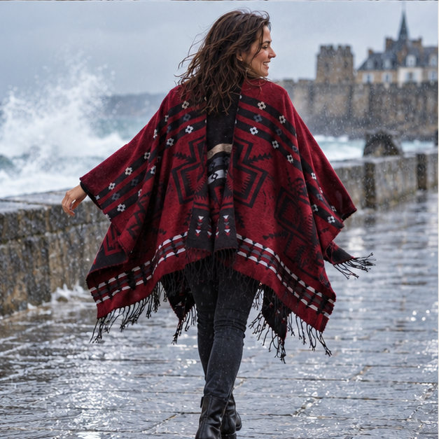 Poncho Rouge Motifs Croix Mexicaine – Bordeaux / Adulte, porté en mouvement au bord de l’océan