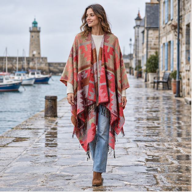 Poncho Rouge Motifs Péruviens – Rouge / Adulte, en situation sur la côte Atlantique