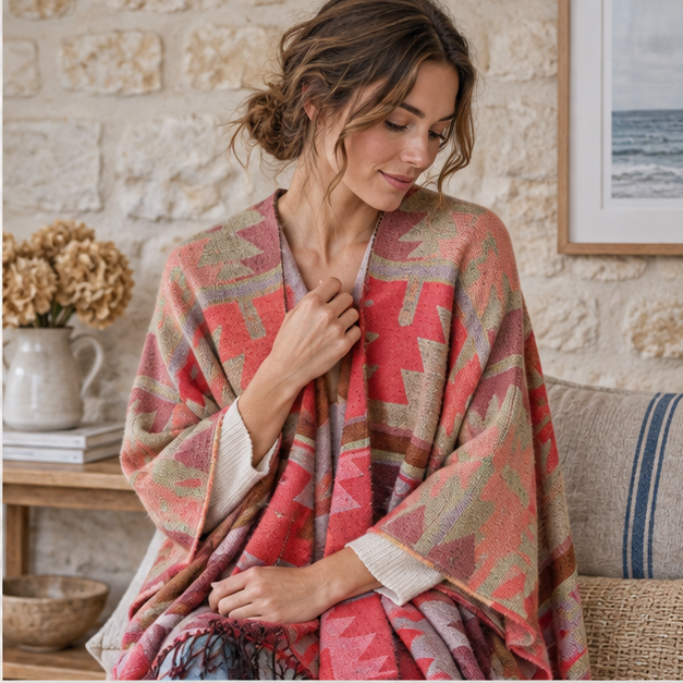 Poncho Rouge Motifs Péruviens – Rouge / Adulte, dans un intérieur côtier lumineux