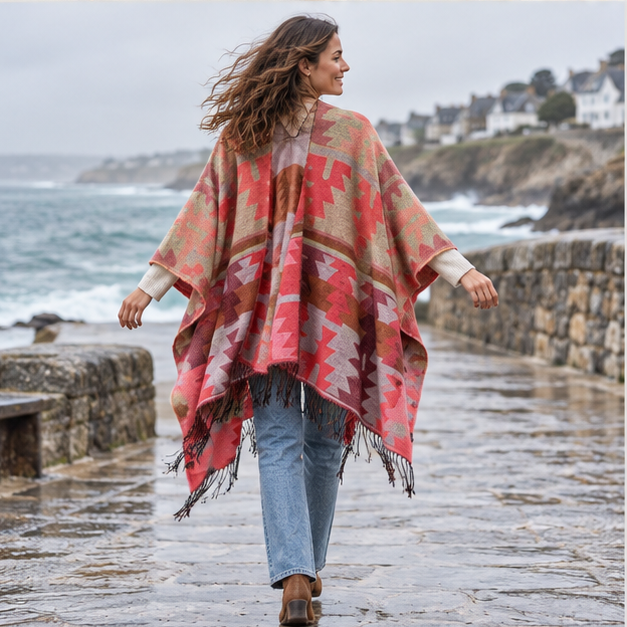 Poncho Rouge Motifs Péruviens – Rouge / Adulte, porté en mouvement au bord de l’océan