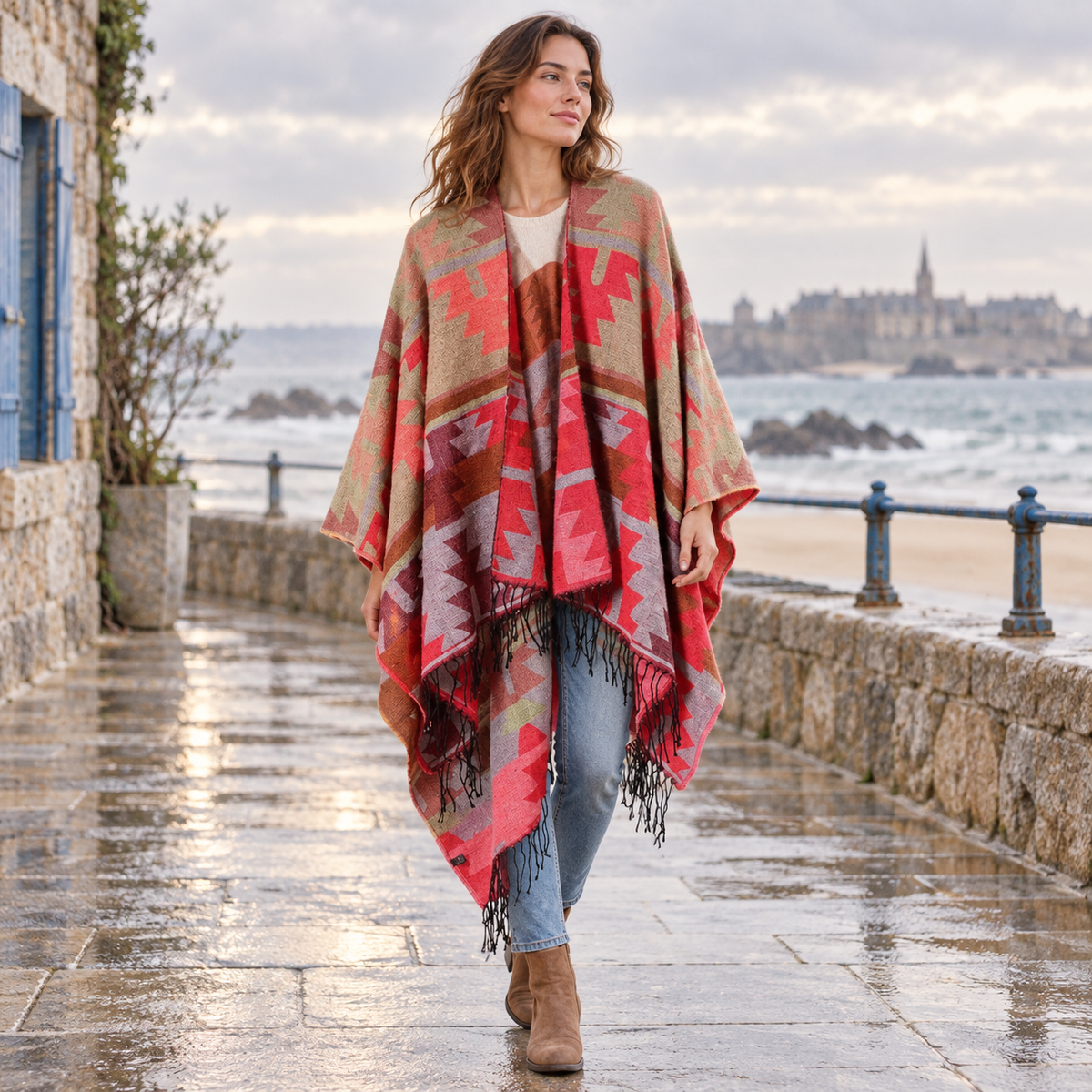 Poncho Rouge Motifs Péruviens – Rouge / Adulte, visuel principal lifestyle