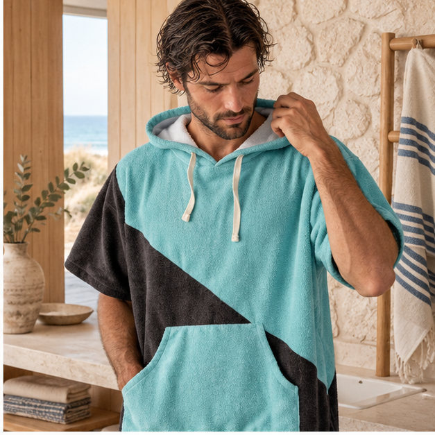 Poncho Serviette de Bain – Bleu Turquoise / Adulte, dans un intérieur côtier lumineux
