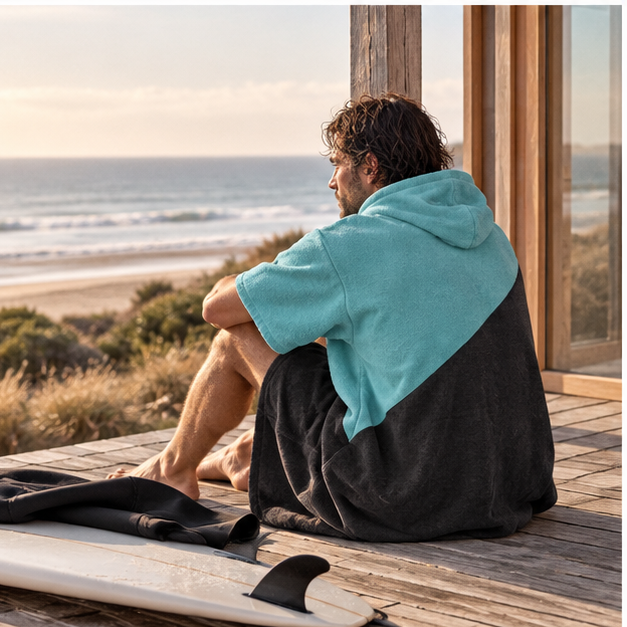 Poncho Serviette de Bain – Bleu Turquoise / Adulte, porté en mouvement au bord de l’océan