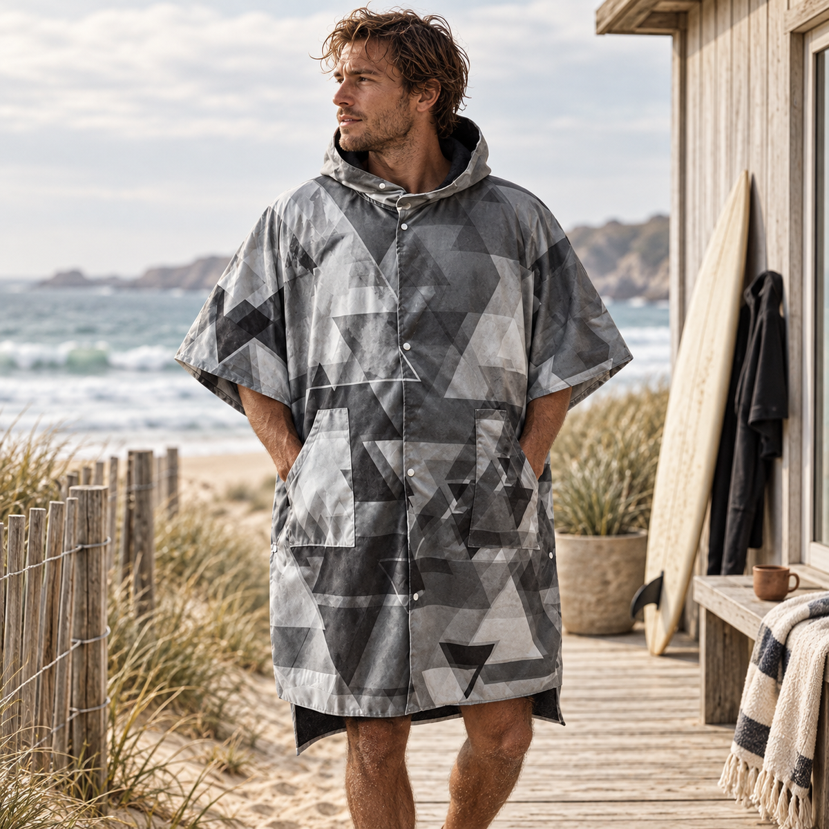Poncho Surf Hiver – Gris / Adulte, visuel principal lifestyle