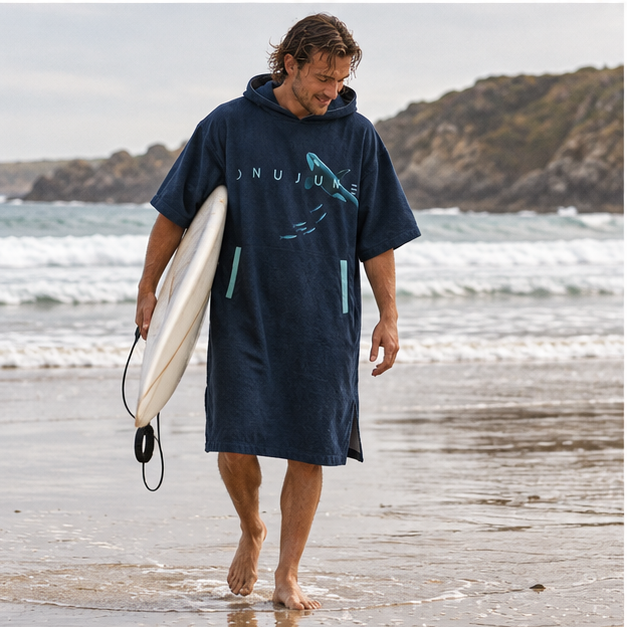 Poncho Surf Manche Longue – Bleu / Adulte, porté en mouvement au bord de l’océan