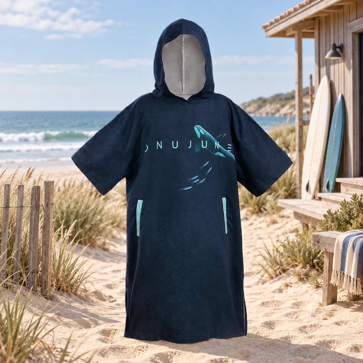 Poncho Surf Manche Longue – Bleu / Adulte, visuel principal lifestyle