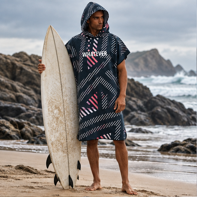 Poncho Surf Microfibre – Bleu Marine / Adulte, en situation sur la côte Atlantique