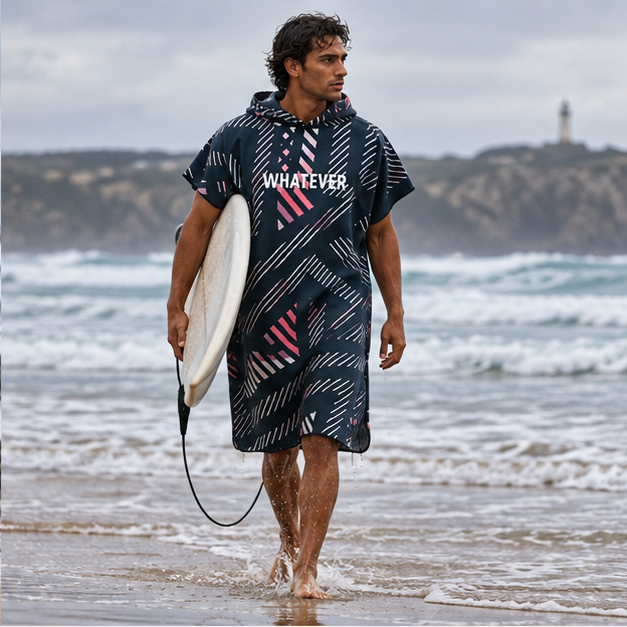 Poncho Surf Microfibre – Bleu Marine / Adulte, dans un intérieur côtier lumineux