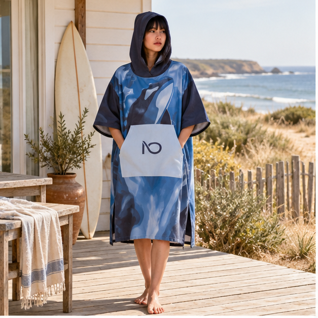 Poncho Surf Orque – Bleu / Adulte, en situation sur la côte Atlantique