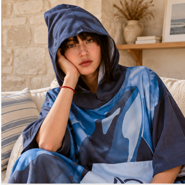 Poncho Surf Orque – Bleu / Adulte, dans un intérieur côtier lumineux