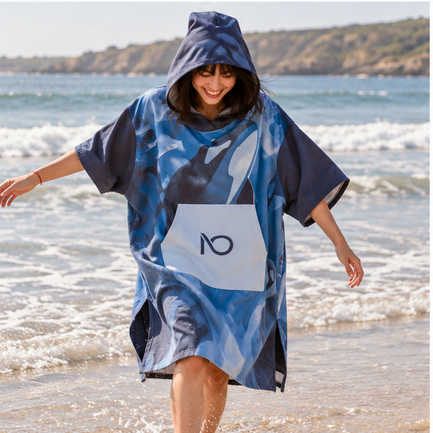 Poncho Surf Orque – Bleu / Adulte, porté en mouvement au bord de l’océan