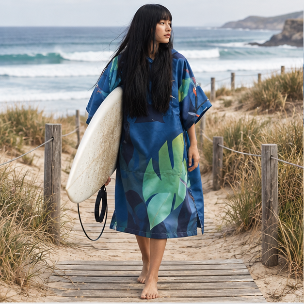 Poncho Surf Tropical – Bleu / Adulte, en situation sur la côte Atlantique
