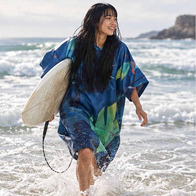 Poncho Surf Tropical – Bleu / Adulte, porté en mouvement au bord de l’océan