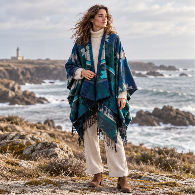 Poncho Turquoise Motifs Péruviens – Turquoise / Adulte, en situation sur la côte Atlantique