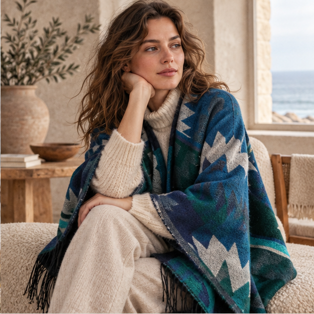 Poncho Turquoise Motifs Péruviens – Turquoise / Adulte, dans un intérieur côtier lumineux