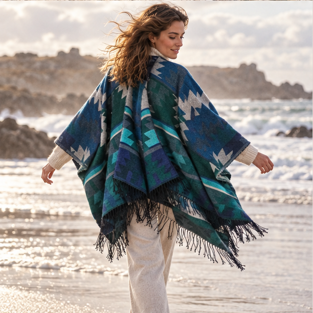 Poncho Turquoise Motifs Péruviens – Turquoise / Adulte, porté en mouvement au bord de l’océan