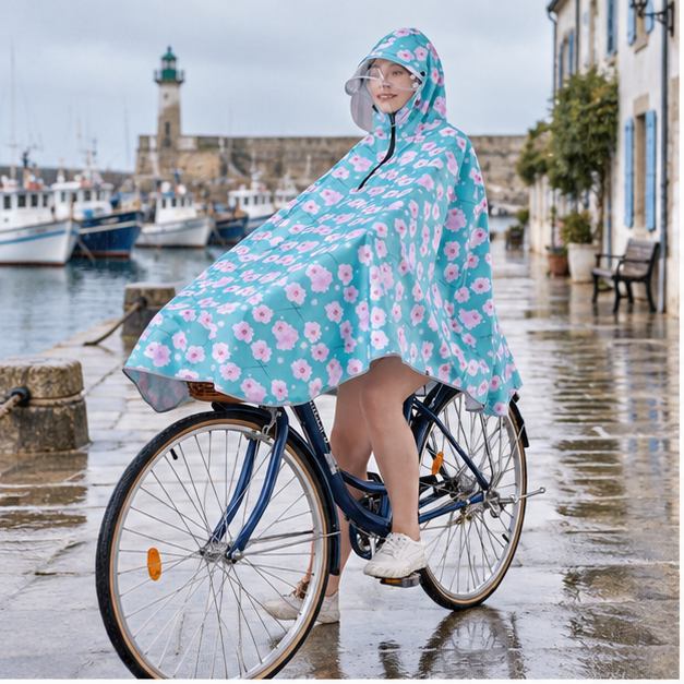 Poncho Vélo Fleurs Rose – Bleu / Adulte, en situation sur la côte Atlantique