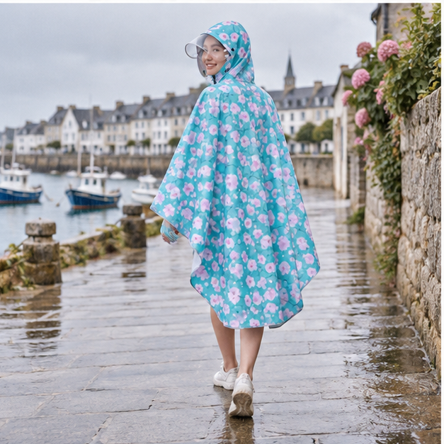 Poncho Vélo Fleurs Rose – Bleu / Adulte, porté en mouvement au bord de l’océan