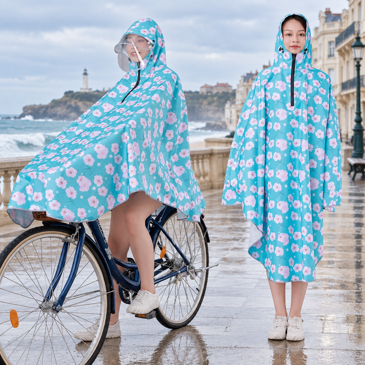 Poncho Vélo Fleurs Rose – Bleu / Adulte, visuel principal lifestyle