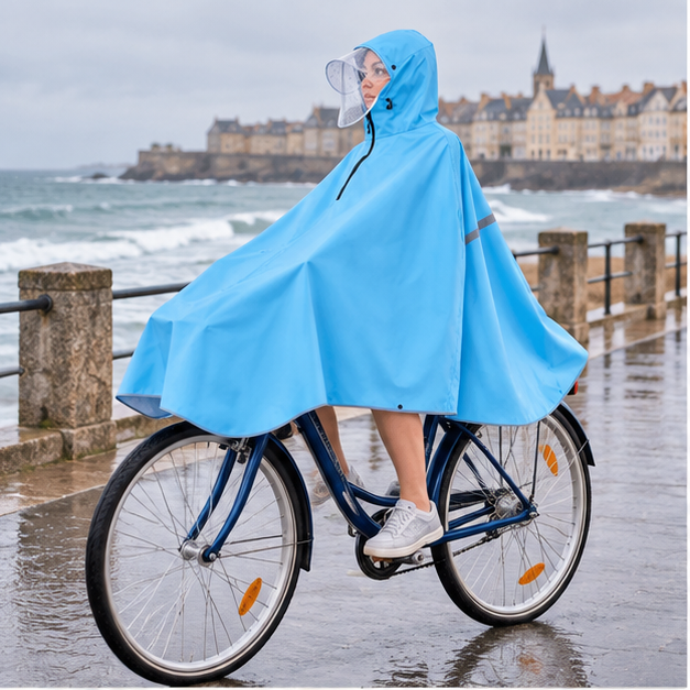 Poncho Vélo Pluie Bleu – Bleu / Adulte, en situation sur la côte Atlantique