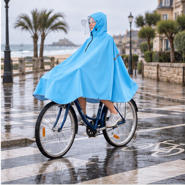Poncho Vélo Pluie Bleu – Bleu / Adulte, dans un intérieur côtier lumineux