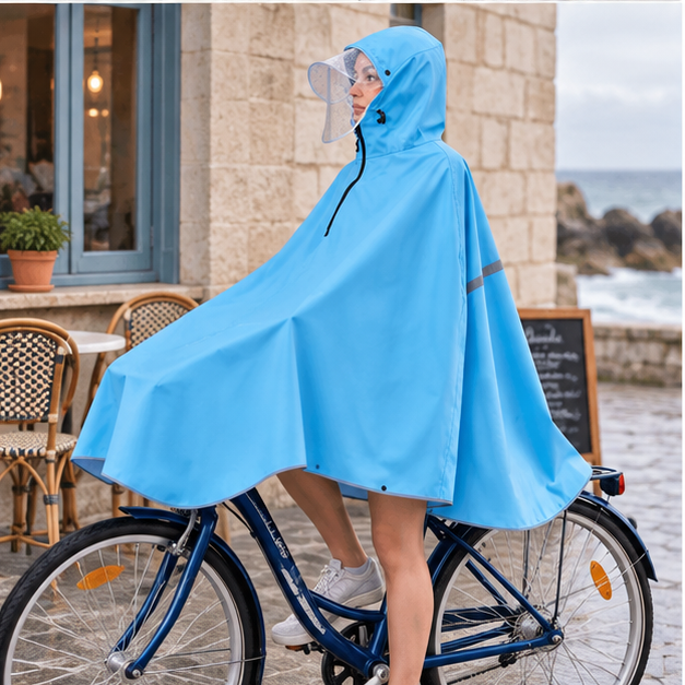 Poncho Vélo Pluie Bleu – Bleu / Adulte, porté en mouvement au bord de l’océan