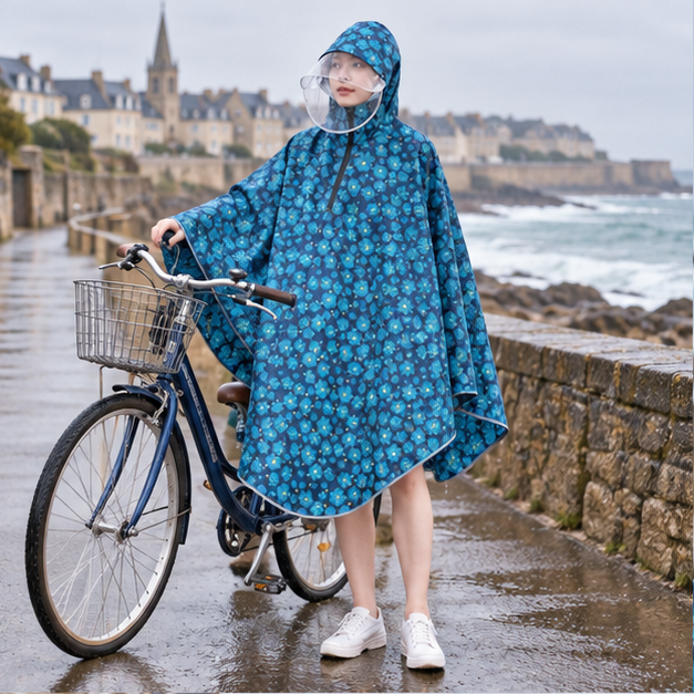Poncho Vélo Pluie Bleu Fleurs – Bleu / Adulte, en situation sur la côte Atlantique