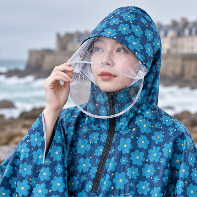 Poncho Vélo Pluie Bleu Fleurs – Bleu / Adulte, dans un intérieur côtier lumineux