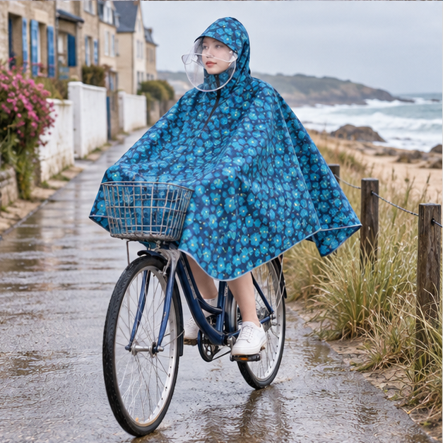 Poncho Vélo Pluie Bleu Fleurs – Bleu / Adulte, porté en mouvement au bord de l’océan