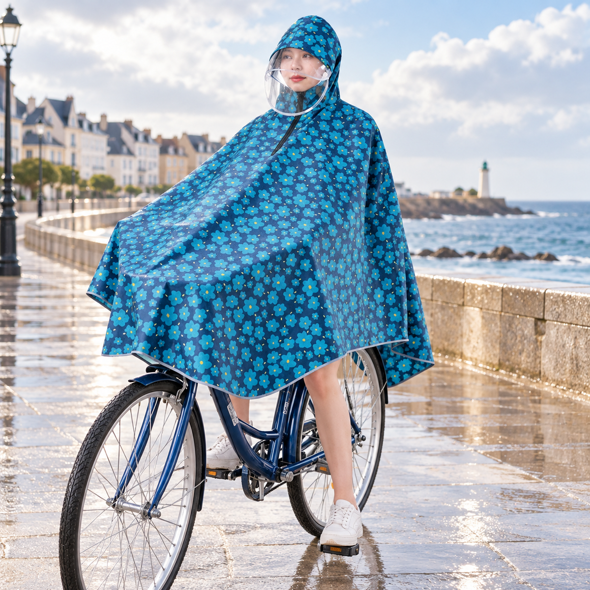 Poncho Vélo Pluie Bleu Fleurs – Bleu / Adulte, visuel principal lifestyle