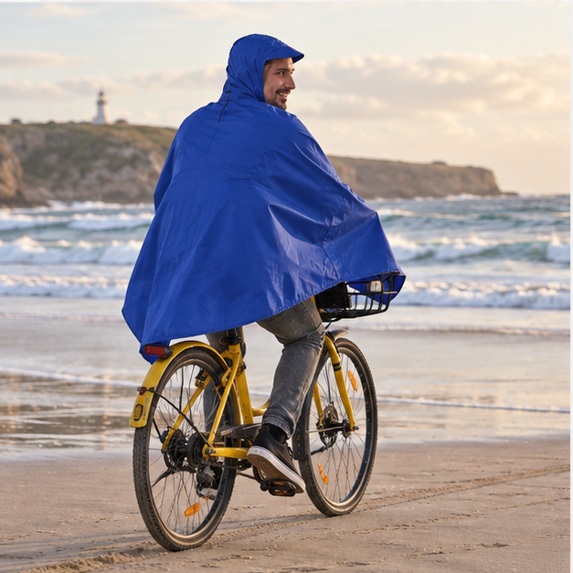 Poncho Vélo Pluie Bleu Homme – Bleu / Adulte, porté en mouvement au bord de l’océan
