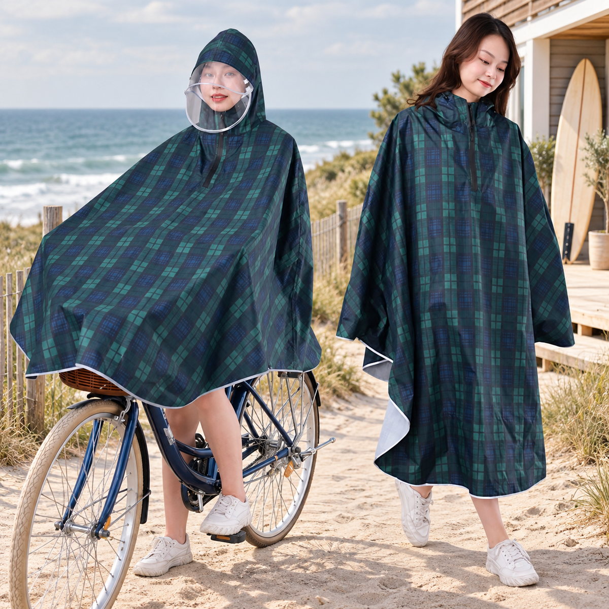 Poncho Vélo Pluie Carreaux – Vert Foncé / Adulte, visuel principal lifestyle
