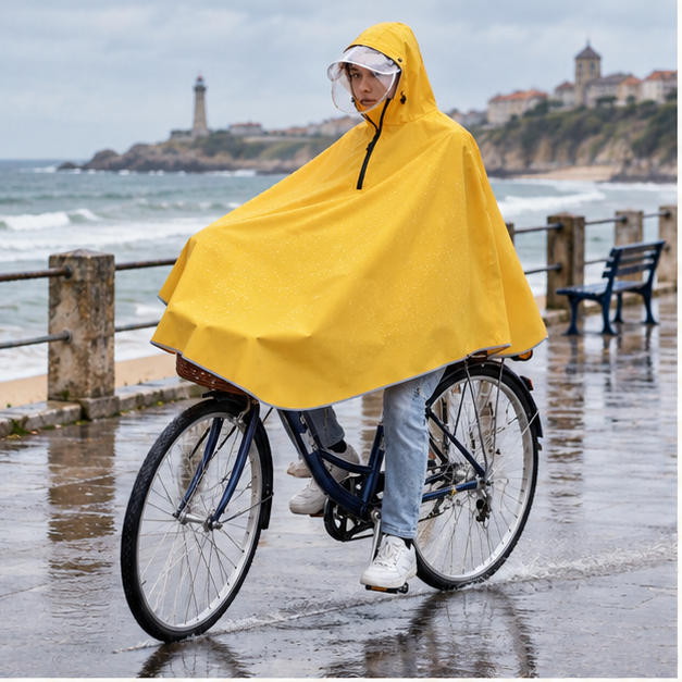 Poncho Vélo Pluie Jaune – Jaune / Adulte, en situation sur la côte Atlantique