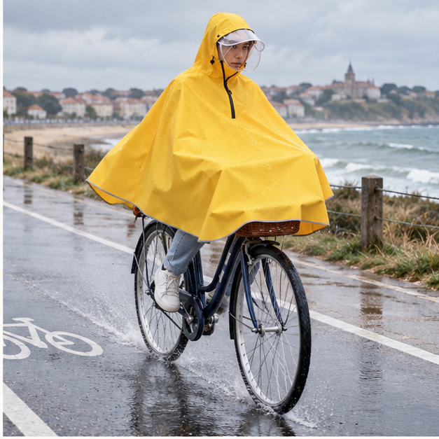 Poncho Vélo Pluie Jaune – Jaune / Adulte, dans un intérieur côtier lumineux