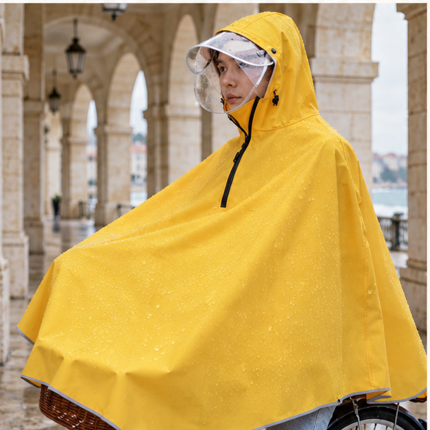 Poncho Vélo Pluie Jaune – Jaune / Adulte, porté en mouvement au bord de l’océan