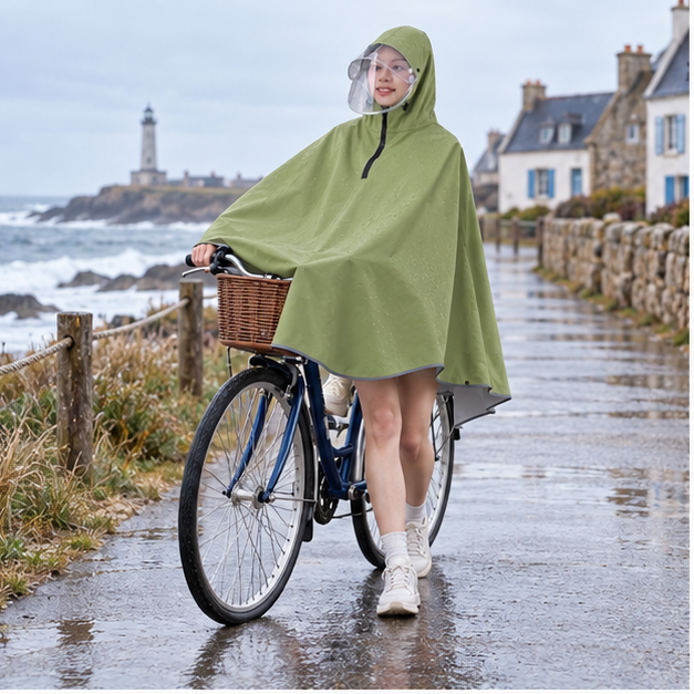 Poncho Vélo Pluie Kaki – Kaki / Adulte, en situation sur la côte Atlantique