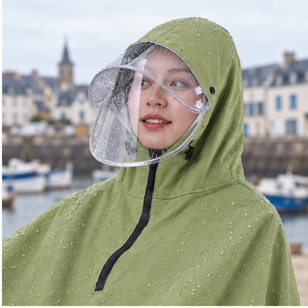 Poncho Vélo Pluie Kaki – Kaki / Adulte, dans un intérieur côtier lumineux
