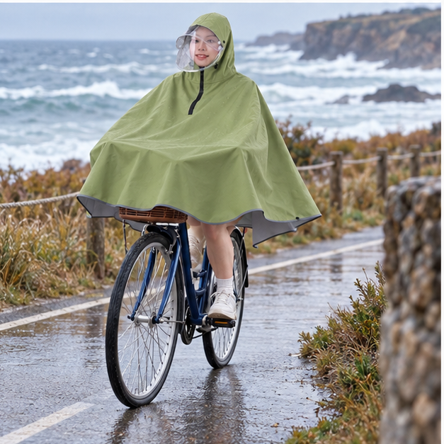 Poncho Vélo Pluie Kaki – Kaki / Adulte, porté en mouvement au bord de l’océan