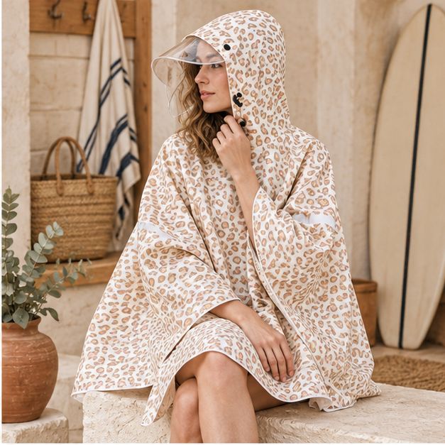 Poncho Vélo Pluie Léopard – Jaune / Adulte, dans un intérieur côtier lumineux