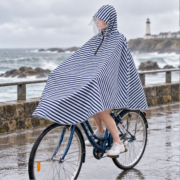 Poncho Vélo Pluie Marinière – Bleu Marine / Adulte, en situation sur la côte Atlantique