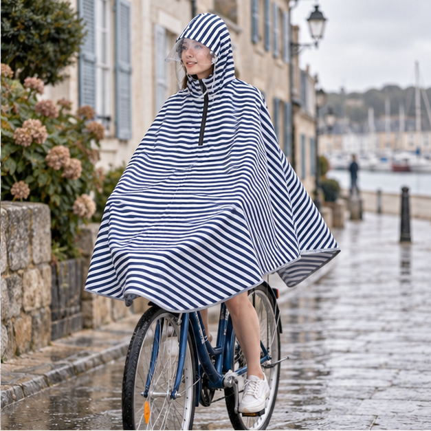 Poncho Vélo Pluie Marinière – Bleu Marine / Adulte, dans un intérieur côtier lumineux