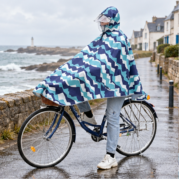 Poncho Vélo Pluie Motifs Montagnes – Bleu / Adulte, en situation sur la côte Atlantique